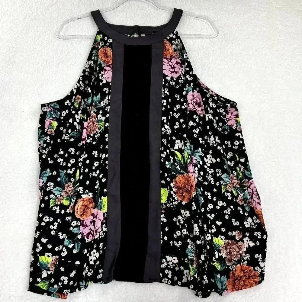 TORRID Womens Sz 1 Floral Goddess Tunic Hi Neck Georgette Black Sheer Halter Top